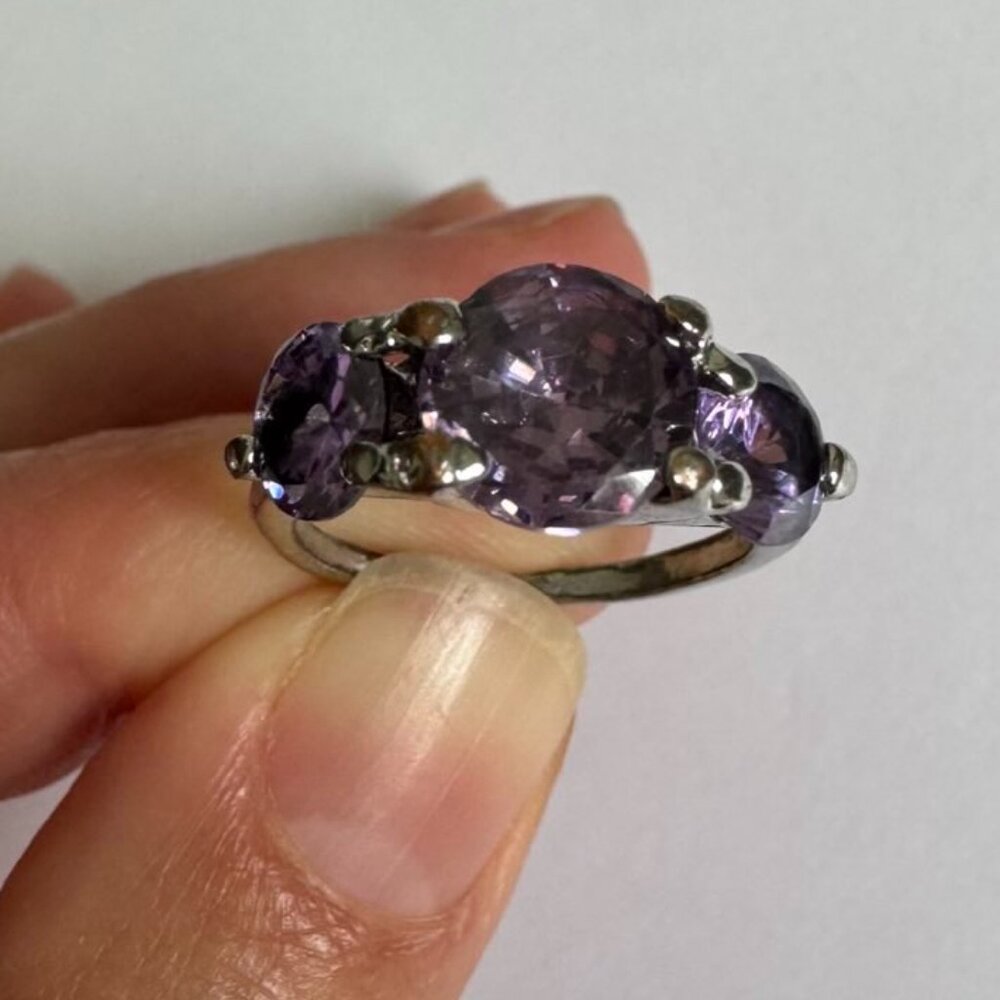Lavender Purple Statement Ring – Triple Amethyst CZ in Silver-Tone - Size 6